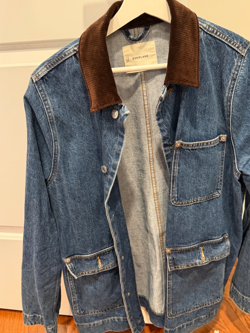 Everlane Blue Denim Jacket with Brown Corduroy Collar